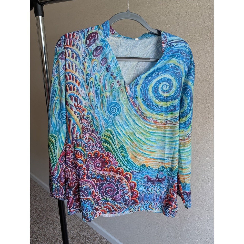 Vibrant Artistic Landscape Swirl Print Long Sleeve V-Neck Top Blue Purple Boho